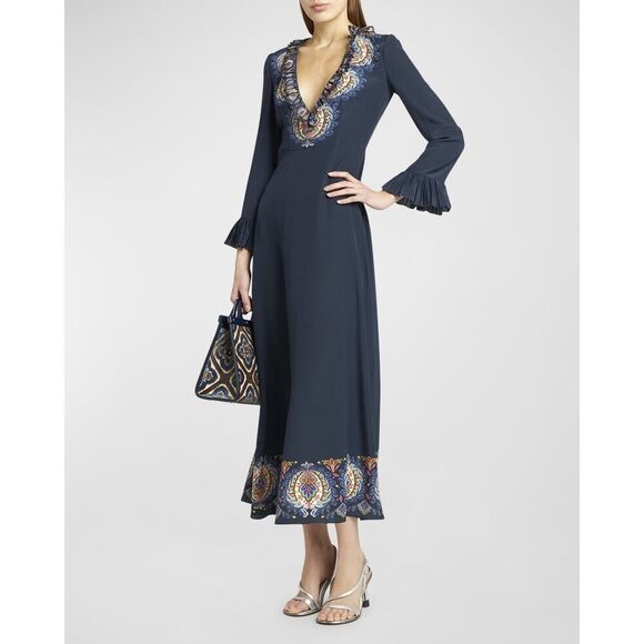 Etro Plunging Engineer Border-Print Ruffle Cady Midi Dress IT42/US6 - Picture 2 of 14